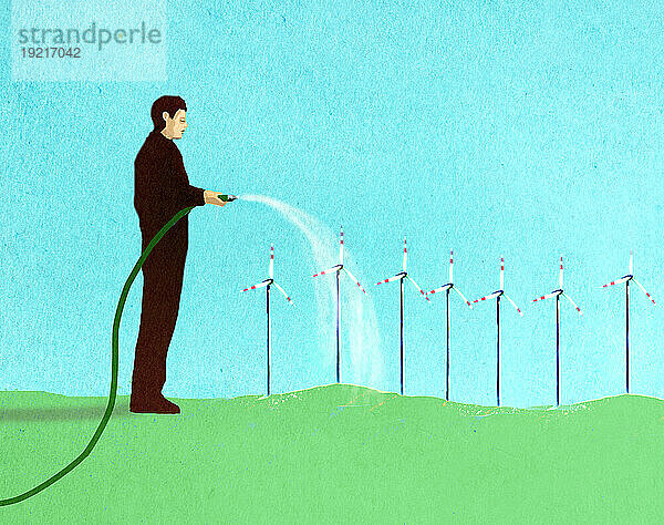 Illustration eines Mannes  der Windkraftanlagen bewässert