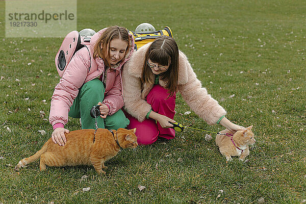 Zwei junge Frauen streicheln Katzen auf Gras im Park