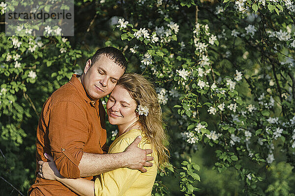 Glückliches Paar  das sich vor einem blühenden Baum umarmt