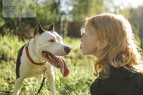 Rothaariges Mädchen bläst Hund an sonnigem Tag im Park einen Kuss zu