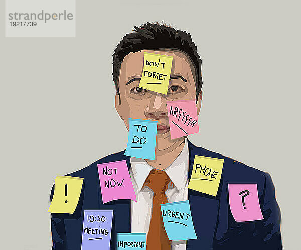 Illustration of man covered in colorful adhesive notes