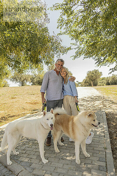 Älteres Paar steht mit Hunden auf Fußweg im Park