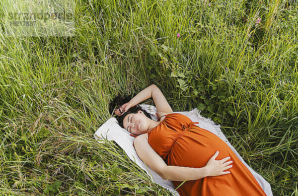Pregnant woman lying on blanket in meadow