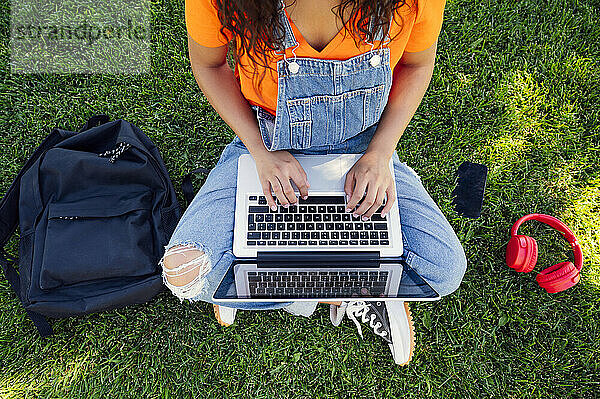 Junger Student sitzt auf Gras und benutzt Laptop auf dem Campus