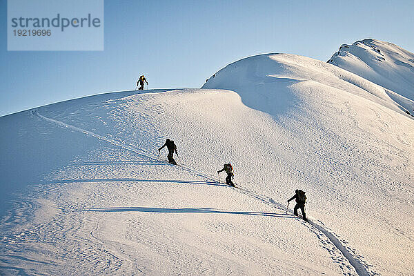 Gruppe von Backcountry-Skifahrern  die eine Schiene auf Cornbiscuit hochziehen  Turnagain Pass  Kenai Mountains  Winter im südlichen Zentralalaska