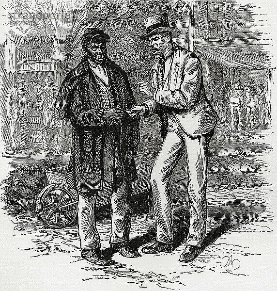 A Readjustor cajoling an Afro-American voter. To quote Wikipedia: The Readjuster Party was a bi-racial state-level political party formed in Virginia in the late 1870s. Readjusters aspired to break the power of wealth and established privilege among the planter elite of white men in the state and to promote public education. The party's program attracted support among both white people and African-Americans From America Revisited: From The Bay of New York to The Gulf of Mexico  published 1886.