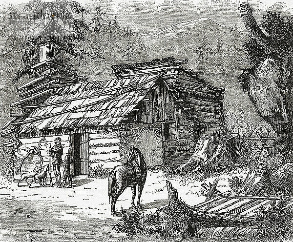 Eine Blockhütte im Westen der USA im 19. Jahrhundert. From America Revisited: From The Bay of New York to The Gulf of Mexico  veröffentlicht 1886.