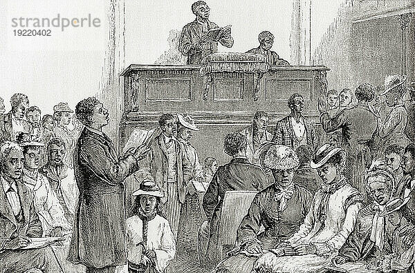 Congregation in a black Afro-American church  USA in the 19th century. From America Revisited: From The Bay of New York to The Gulf of Mexico  published 1886.