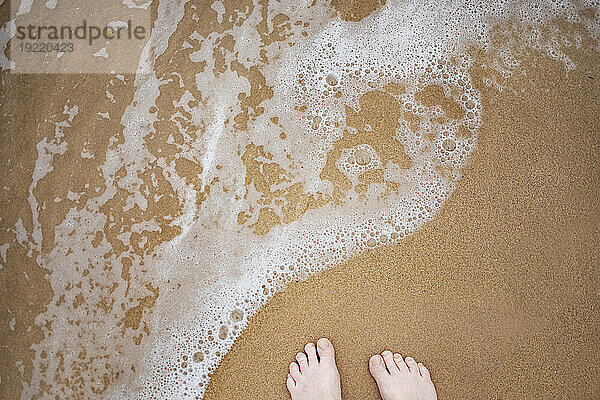 Viewpoint  looking down at feet standing next to foamy surf on Kamaole Beach at the water's edge; Kihei  Maui  Hawaii  United States of America