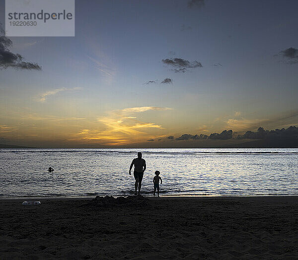 Silhouette einer Familie  die in der Dämmerung das Wasser genießt  eine schwimmende Mutter im Wasser und ein Vater und eine Tochter  die zum Ufer rennen; Baby Beach  Lahaina  Maui  Hawaii  Vereinigte Staaten von Amerika