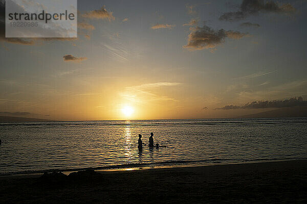 Silhouette einer Familie  die in der Dämmerung im Wasser watet und die Natur genießt; Baby Beach  Lahaina  Maui  Hawaii  Vereinigte Staaten von Amerika