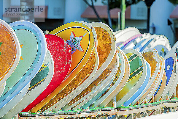 Bunte Surfbretter in einer Reihe auf Waikiki  Oahu  Hawaii  USA; Honolulu  Oahu  Hawaii  Vereinigte Staaten von Amerika