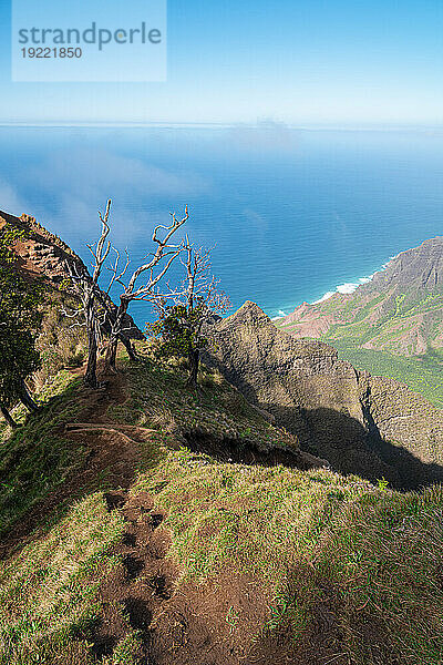 Scenic view of a hiking path along the Kalalau Trail on the green covered mountain cliffs of the Napali Coast  looking out to the calm  blue waters of the Pacific Ocean on the Hawaiian Island of Kauai; Kauai  Hawaii  United States of America