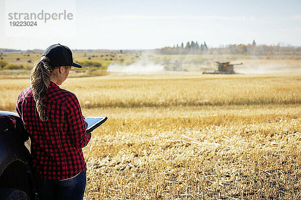 Blick von hinten auf eine junge Bäuerin  die zur Erntezeit auf einem Getreidefeld neben einem LKW steht und fortschrittliche landwirtschaftliche Softwaretechnologien auf einem Pad nutzt  während im Hintergrund ein Mähdrescher arbeitet; Alcomdale  Alberta  Kanada