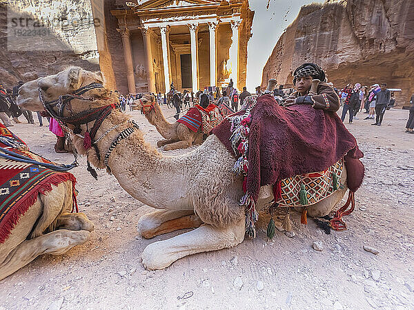 Ein Junge mit einem Kamel  die Schatzkammer von Petra (Al-Khazneh)  Archäologischer Park Petra  UNESCO-Weltkulturerbe  eines der neuen sieben Weltwunder  Petra  Jordanien  Naher Osten