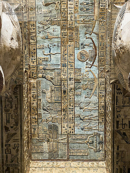 Details of the ceiling inside the Hypostyle Hall  Temple of Hathor  Dendera Temple complex  Dendera  Egypt  North Africa  Africa