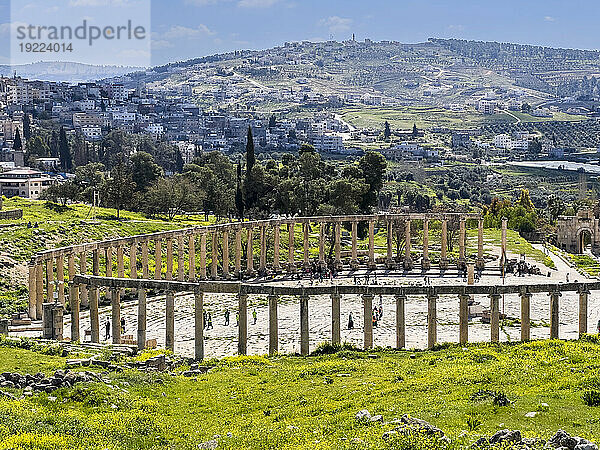 Säulen umrahmen den Oval Plaza in der antiken Stadt Jerash  die vermutlich 331 v. Chr. von Alexander dem Großen in Jerash  Jordanien  Naher Osten  gegründet wurde