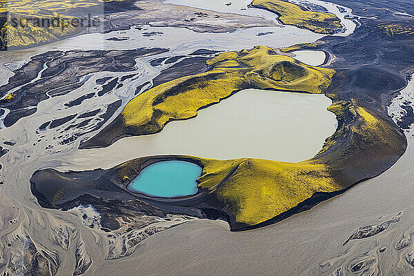 Aerial view by airplane of incredible turquoise volcanic Skafta lake in Icelandic Highlands  Iceland  Polar Regions