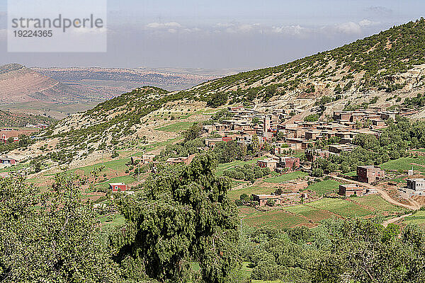 Blick aus der Vogelperspektive auf ein altes Berberdorf auf grünen Hügeln  Hohes Atlasgebirge  Marokko  Nordafrika  Afrika