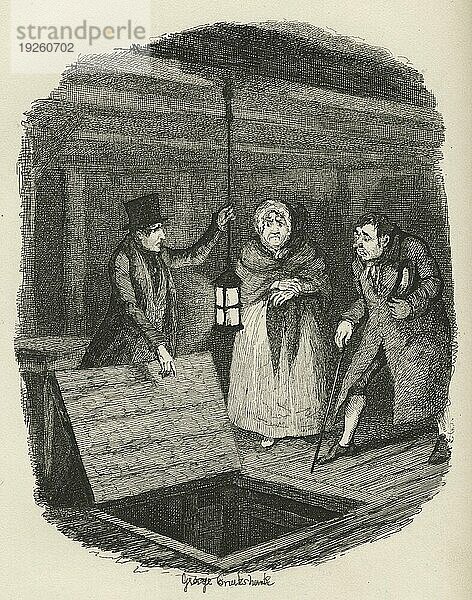 Die vernichteten Beweise. Illustration aus dem 19. Jahrhundert aus Charles Dickens Oliver Twist. Illustration von George Cruishank (1792 1878)