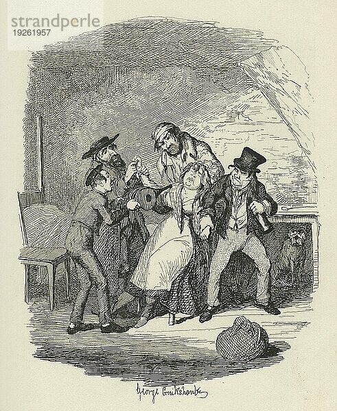 Mr. Fagin und seine Schülerin erholen sich von Nancy. Illustration aus dem 19. Jahrhundert aus Charles Dickens Oliver Twist. Illustration von George Cruishank (1792 1878)