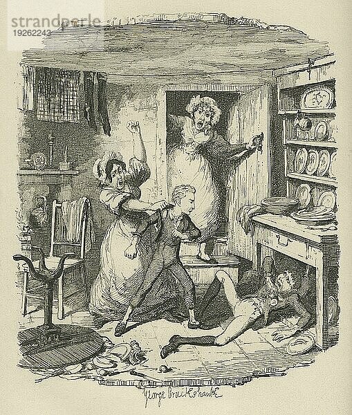 Oliver rupft einen Geist auf. Illustration aus dem 19. Jahrhundert aus Charles Dickens Oliver Twist. Illustration von George Cruishank (1792 1878)