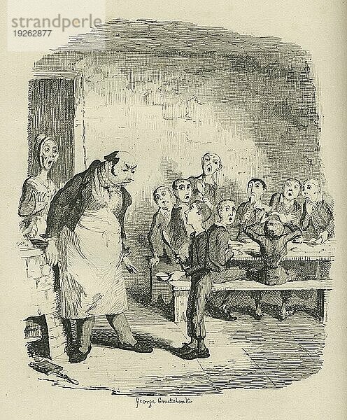 Oliver fragt nach mehr. Illustration aus dem 19. Jahrhundert aus Charles Dickens Oliver Twist. Illustration von George Cruishank (1792 1878)