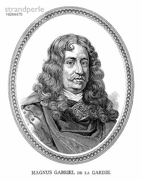 Graf Magnus Gabriel De la Gardie (15. Oktober 1622) (26. April 1686) war ein schwedischer Staatsmann und Militär. Er wurde 1647 Mitglied des schwedischen Geheimen Rates und bekleidete drei der fünf Ämter  die zu den Großen Beamten des Reiches zählten  nämlich Lord High Treasurer  Lord High Chancellor und Lord High Steward. Er diente auch als Generalgouverneur im schwedischen Herrschaftsgebiet von Livland. Kupferstich von Ida Falander (1842 1927)  veröffentlicht in Starbäck  Bäckström: Berättelser ur Svenska Histo