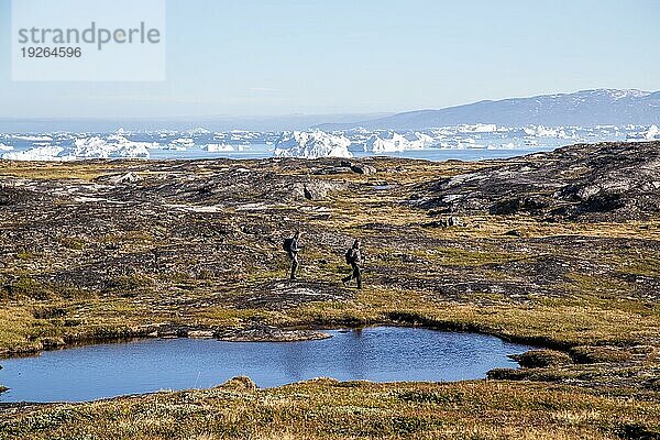 Ilulissat  Grönland  Juli 09  2018: Zwei Personen wandern an einem See in der Nähe von Ilulissat. Im Hintergrund sind die Eisberge des Ilulissat Eisfjords zu sehen  Nordamerika