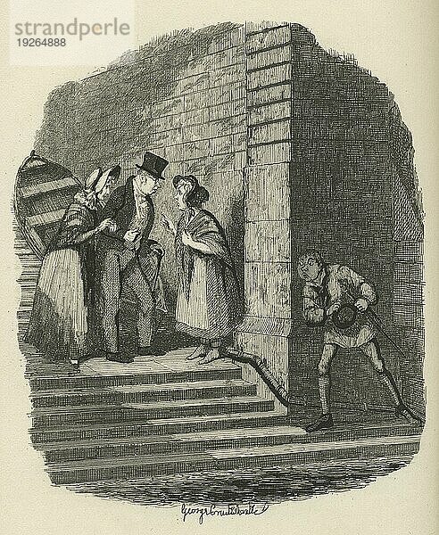 Das Treffen. Illustration aus dem 19. Jahrhundert aus Charles Dickens Oliver Twist. Illustration von George Cruishank (1792 1878)