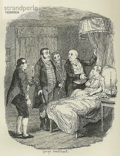 Oliver wird von Bow Street Runners bedient. Illustration aus dem 19. Jahrhundert aus Charles Dickens Oliver Twist. Illustration von George Cruishank (1792 1878)