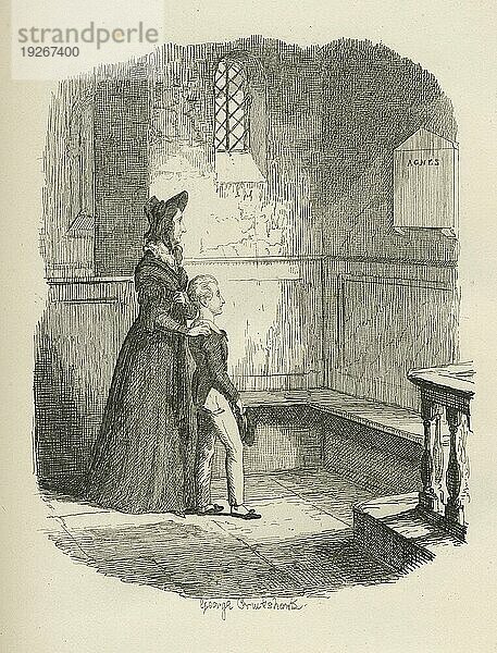 Rose Maylie und Oliver. Illustration aus dem 19. Jahrhundert aus Charles Dickens Oliver Twist. Illustration von George Cruishank (1792 1878)