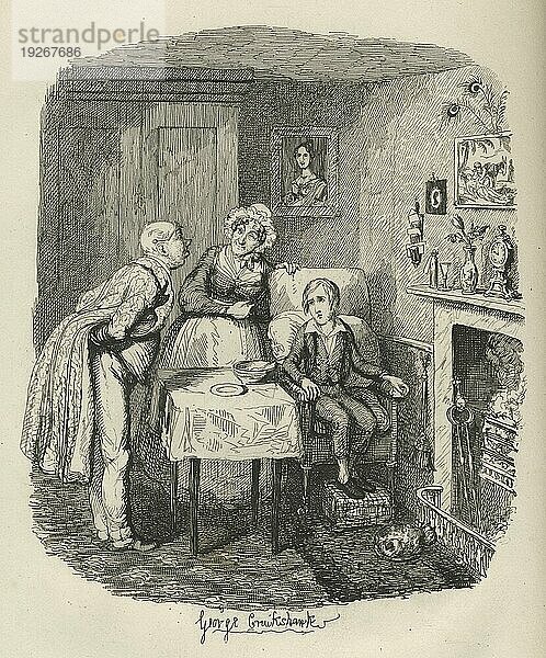 Oliver erholt sich vom Fieber. Illustration aus dem 19. Jahrhundert aus Charles Dickens Oliver Twist. Illustration von George Cruishank (1792 1878)