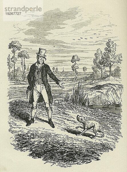 Sikes versucht  seinen Hund zu vernichten. Illustration aus dem 19. Jahrhundert aus Charles Dickens Oliver Twist. Illustration von George Cruishank (1792 1878)