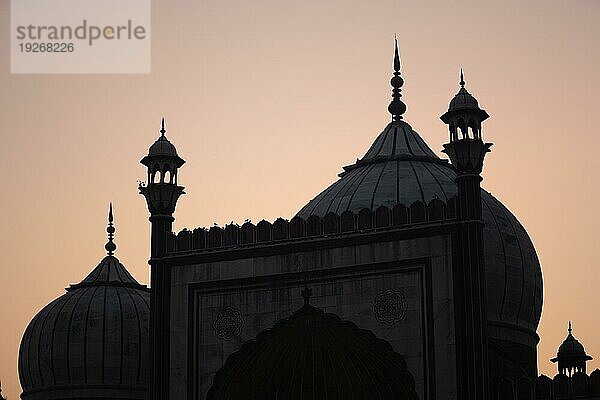 Delhi  Indien  04. Dezember 2019: Silhouette der historischen Jama Masjid bei Sonnenuntergang  Asien