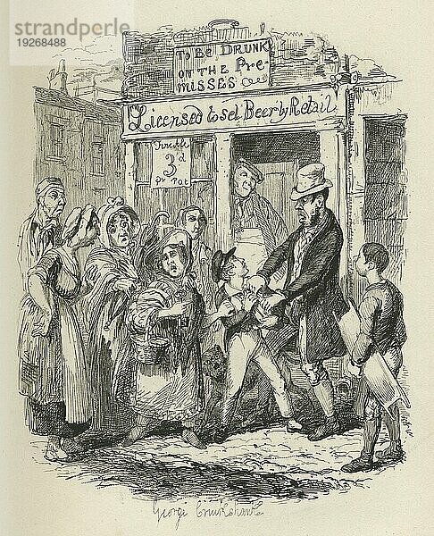 Oliver wird von seinen liebevollen Freunden in Anspruch genommen. Illustration aus dem 19. Jahrhundert aus Charles Dickens Oliver Twist. Illustration von George Cruishank (1792 1878)