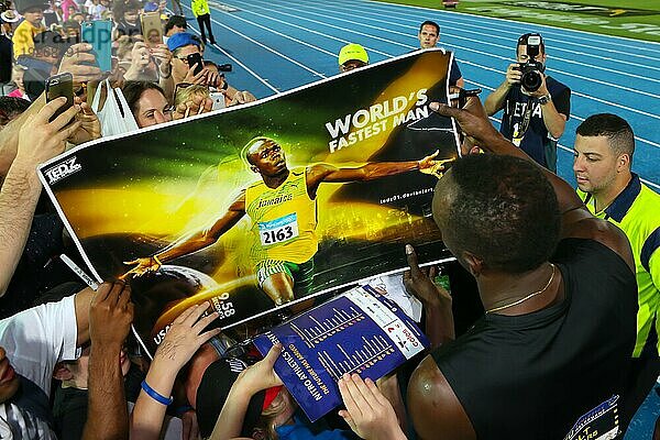 MELBOURNE  AUSTRALIEN  4. FEBRUAR: Usain Bolt trifft Fans in der ersten Nacht von Nitro Athletics am 4. Februar 2017