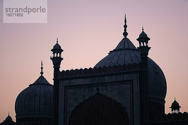 Delhi  Indien  04. Dezember 2019: Silhouette der historischen Jama Masjid bei Sonnenuntergang  Asien