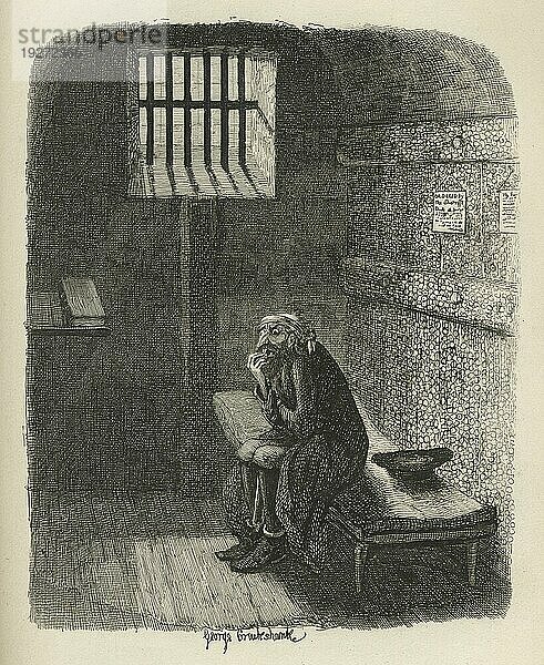 Fagin in der Zelle des Verurteilten. Illustration aus dem 19. Jahrhundert aus Charles Dickens Oliver Twist. Illustration von George Cruishank (1792 1878)