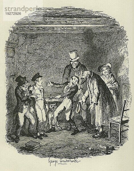 Empfang durch Fagin und Jungen. Illustration aus dem 19. Jahrhundert aus Charles Dickens Oliver Twist. Illustration von George Cruishank (1792 1878)