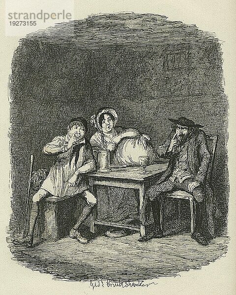 Der Jude und Morris beginnen einander zu verstehen. Illustration aus dem 19. Jahrhundert aus Charles Dickens Oliver Twist. Illustration von George Cruishank (1792 1878)