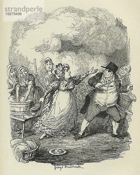 Mr. Bumble in den Augen der Paupers degradiert. Illustration aus dem 19. Jahrhundert aus Charles Dickens Oliver Twist. Illustration von George Cruishank (1792 1878)