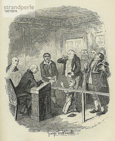 Oliver entkommt der Fesselung als Lehrling des Fegers. Illustration aus dem 19. Jahrhundert von Charles Dickens Oliver Twist. Illustration von George Cruishank (1792 1878)
