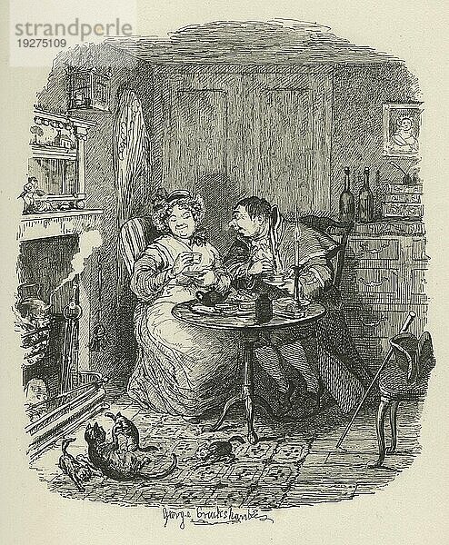 Mr. Bumble und Mrs. Corney beim Tee. Illustration aus dem 19. Jahrhundert aus Charles Dickens Oliver Twist. Illustration von George Cruishank (1792 1878)