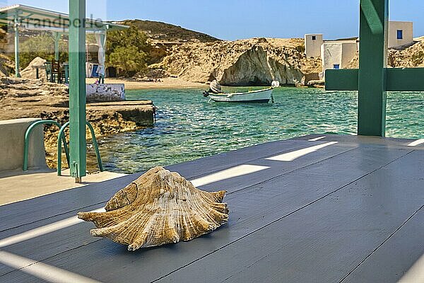 Sommerurlaub Konzept  Muschel Muschel auf Holztisch  offene Terrasse am Meer  Mittelmeerinsel  Bucht  Flucht Landschaft  Milos  Kykladen  Griechenland. Selektiver Fokus  unscharfer Hintergrund