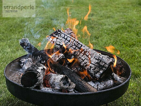 Feuerschale mit Holz und Flammen im Garten  fire bowl with wood and flames in a garden