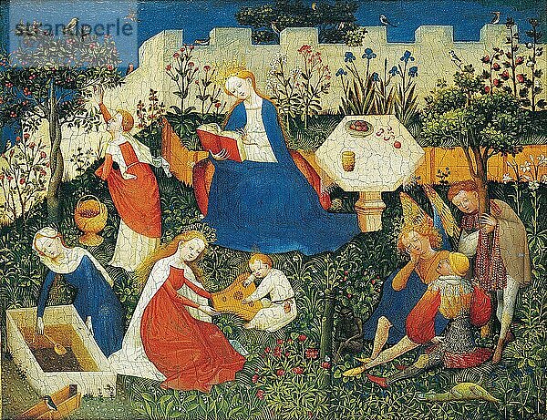 Der kleine Garten als Paradies  symbolisch für das gute Leben der Reichen im Mittelalter  heile Welt. Gemälde von einem unbekannten Maler  Historisch  digital restaurierte Reproduktion von einer Vorlage aus der damaligen Zeit