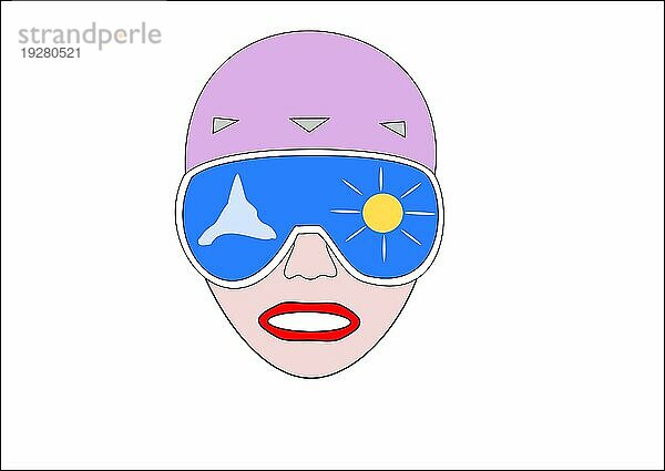 Portrait einer Wintersportlerin mit Skibrille und Helm mit Reflektionen  weißer Hintergrund  Illustration