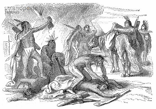 Amerikanische Ureinwohner skalpieren ihre Feinde. Kupferstich eines unbekannten Künstlers aus Ernst von Hesse Warteggs Nord Amerika  schwedische Ausgabe von 1880