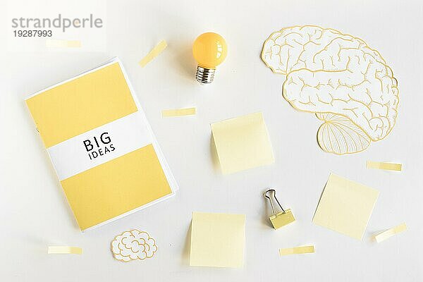 Große Ideen Tagebuch Glühbirne Gehirn Schreibwaren weißem Hintergrund